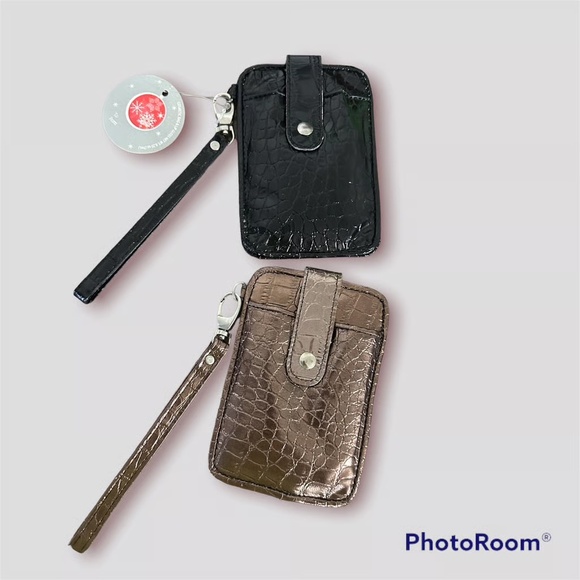 Handbags - 2 Wallets Faux Leather Black & Gold Colors Lip Gloss, Credit Card Holder